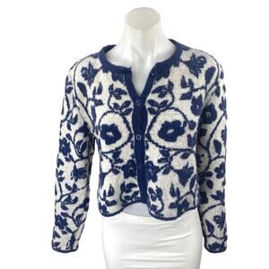 Zara Women's Blue White Floral Wool Knit Long Sleece Crop Cardigan Sweater Top M